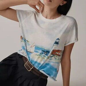 Anthropologie Maeve Caitlin boxy crop beach scene tee top, tagged m but fits xl